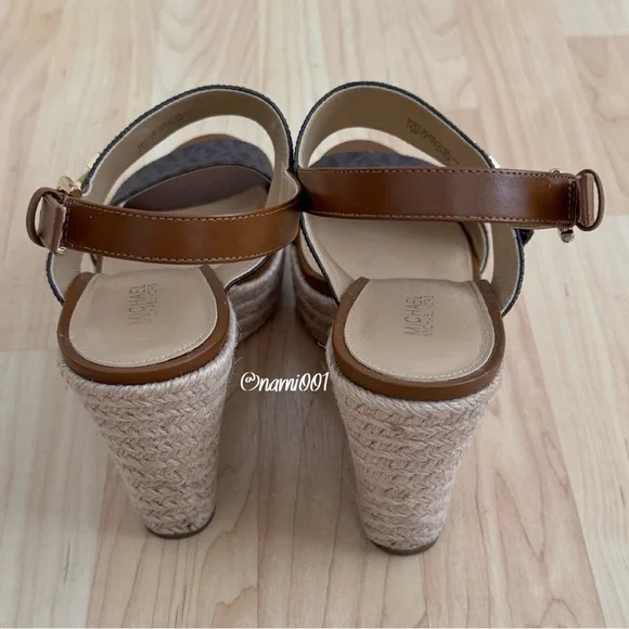 MICHAEL Michael Kors Brown Monogram Deanna Wedges Sandals with Logo Straps - Picture 4 of 9